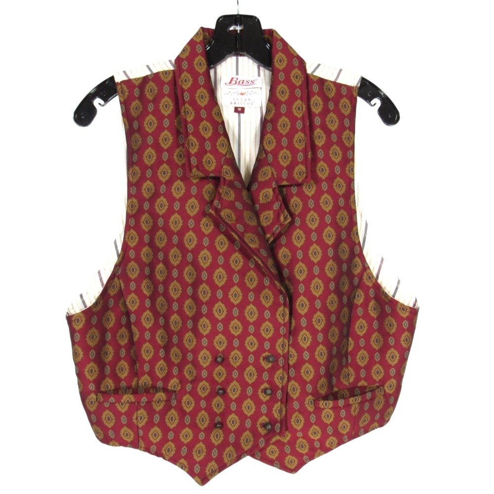 VTG BASS SUSAN BRISTOL Dark Red/Gold GEOMETRIC Satin Back POCKETS Vest Sz 12
